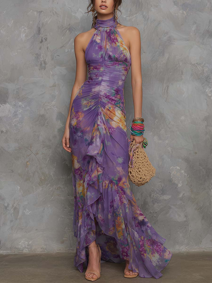 Elegante Maxi Kjole i Lilla Chiffon med Amerikansk Uddybning