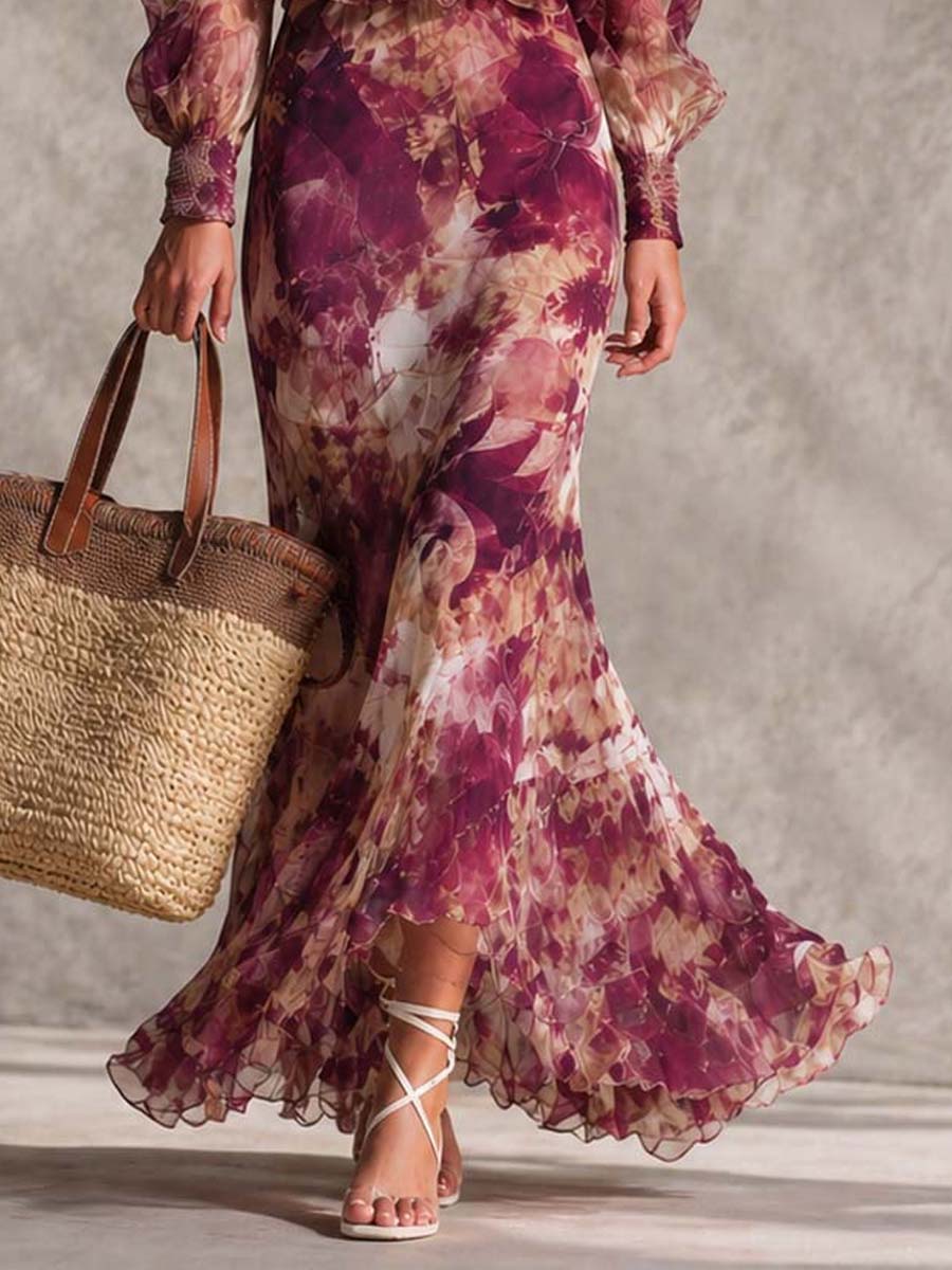 Abito Maxi i Chiffon Off-Shoulder Rosa Cipria con Fiori