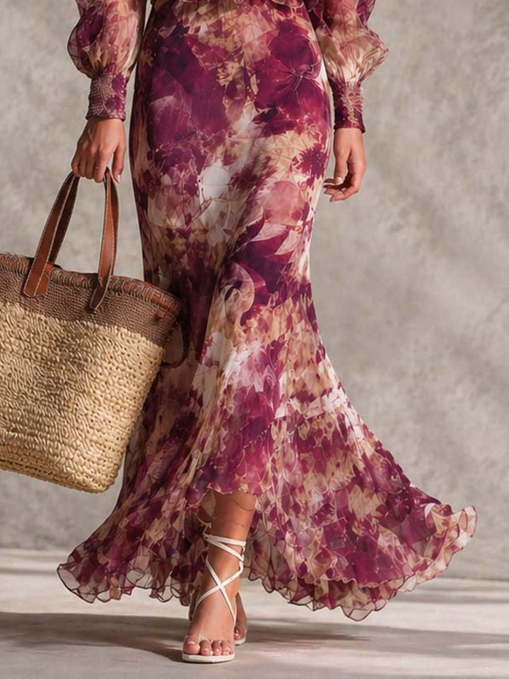 Abito Maxi i Chiffon Off-Shoulder Rosa Cipria con Fiori