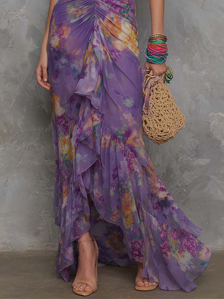 Elegante Maxi Kjole i Lilla Chiffon med Amerikansk Uddybning