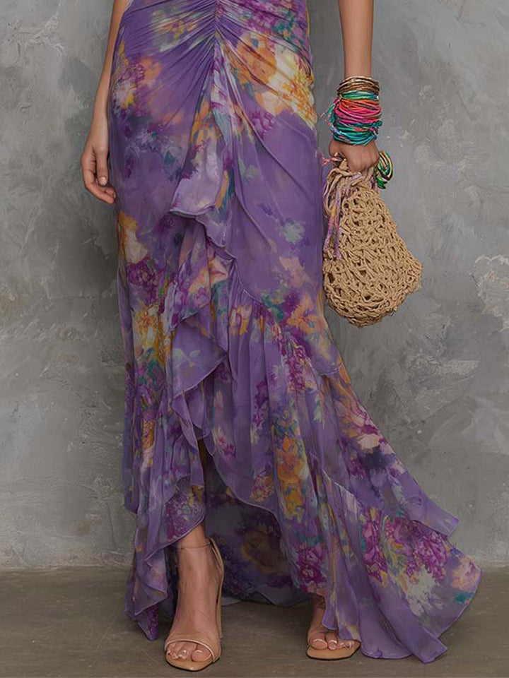 Elegante Maxi Kjole i Lilla Chiffon med Amerikansk Uddybning