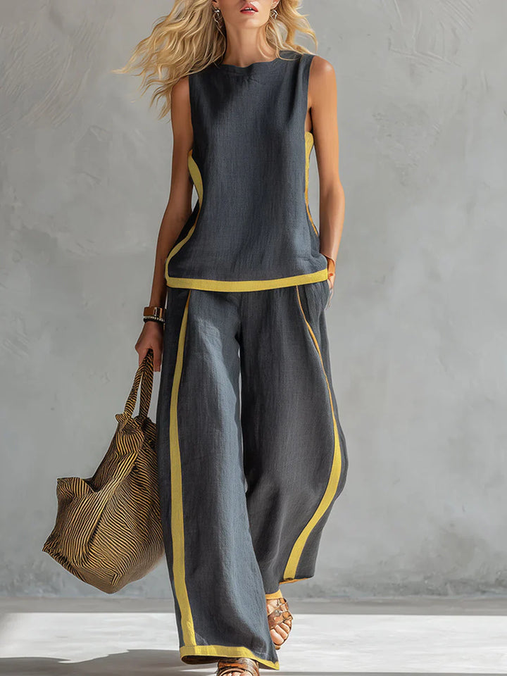 Ursula - Elegant og casual sæt med vest og bukser med tofarvede detaljer