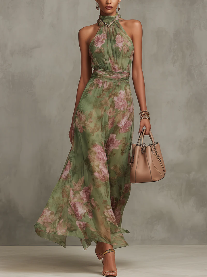 Abito Maxi Halter i Chiffon Grøn med Blomster