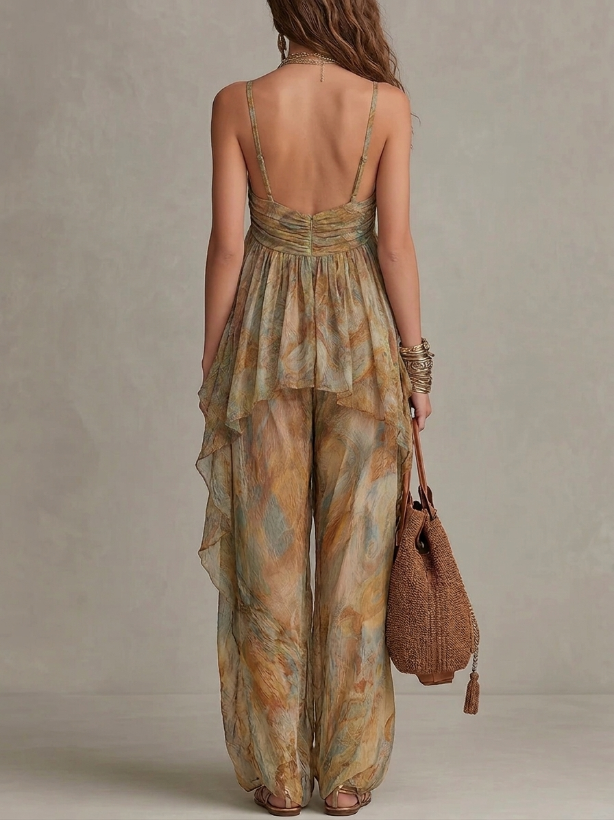 Sienna Chiffon Ruffled Camisole og Bukser med Vidde