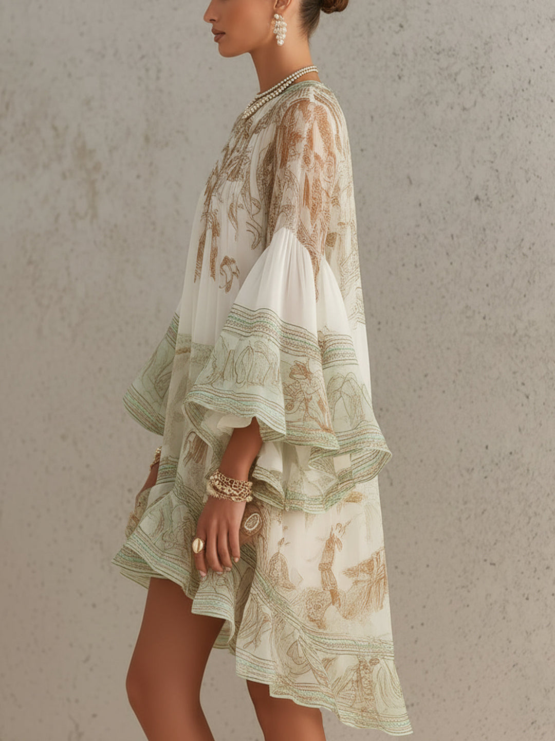 Abito Mini i Chiffon med Striber og Volangærmer