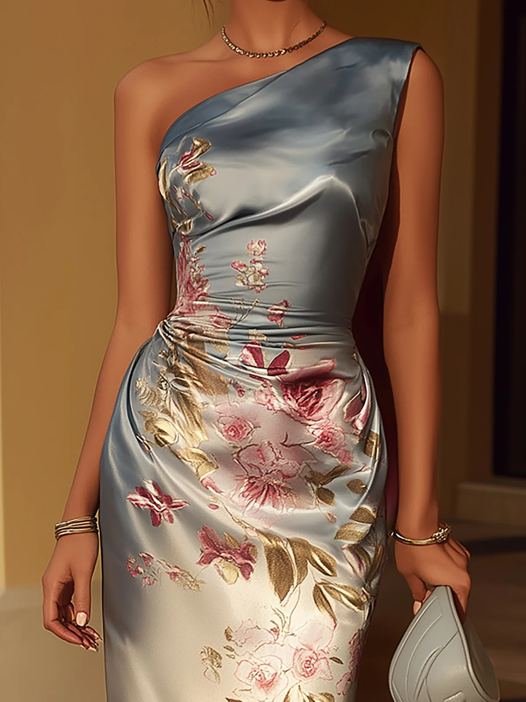 Midi kjole i satin med blomsterprint og en skulder