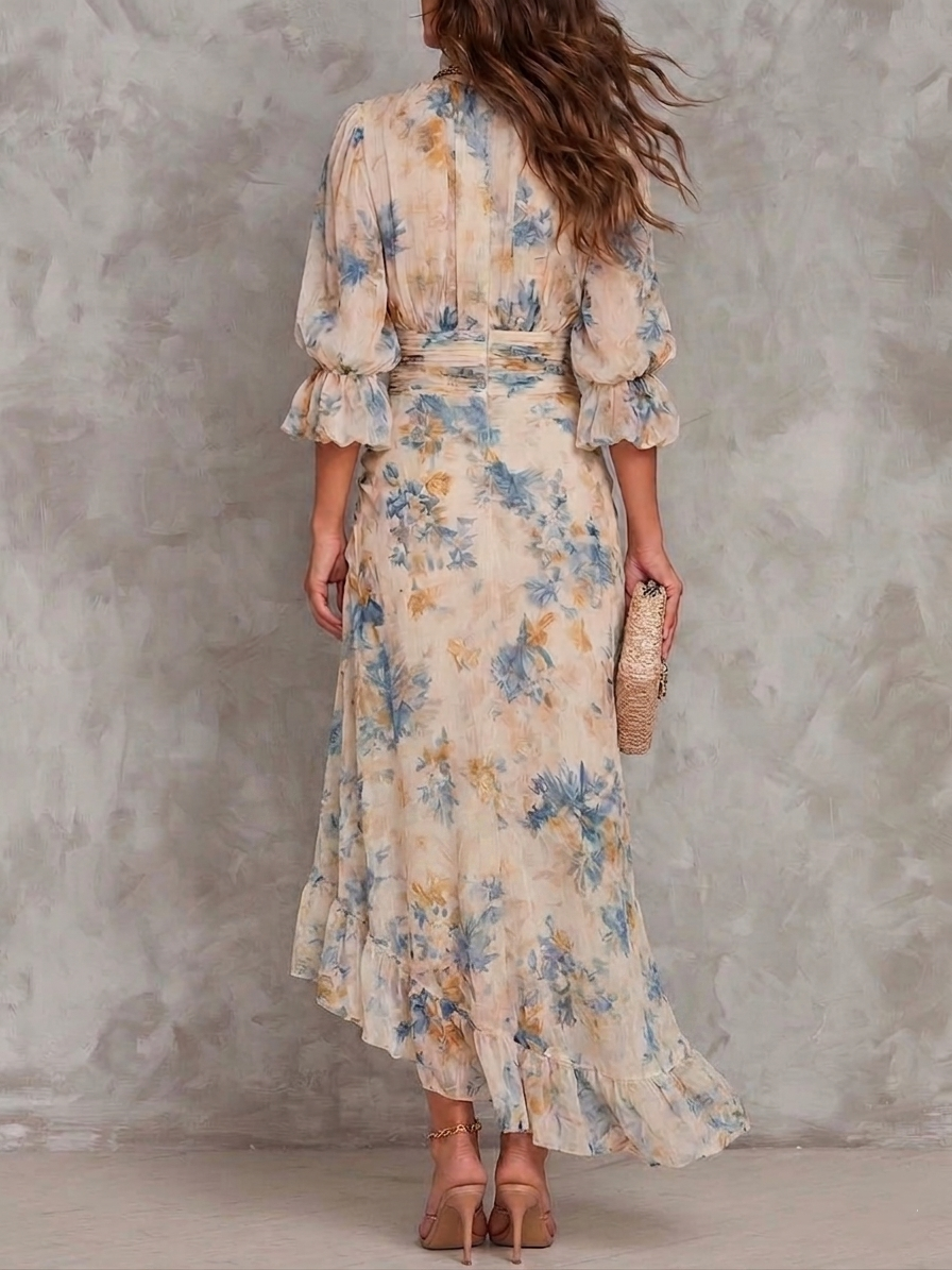 Abito Maxi i Chiffon Irregulær med Blomsterprint i Olie Høj Hals Beige