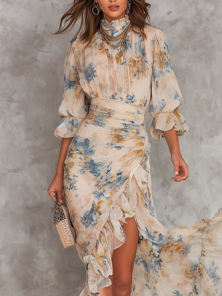 Abito Maxi i Chiffon Irregulær med Blomsterprint i Olie Høj Hals Beige
