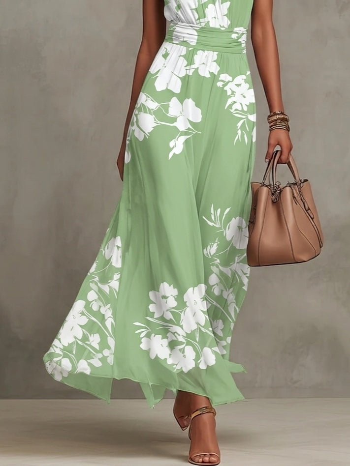 Abito Maxi A-line i Chiffon med Grøn Blomsterprint og Halterneck