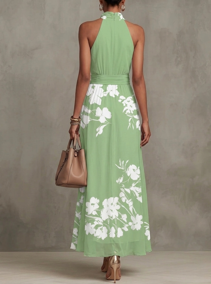 Abito Maxi A-line i Chiffon med Grøn Blomsterprint og Halterneck